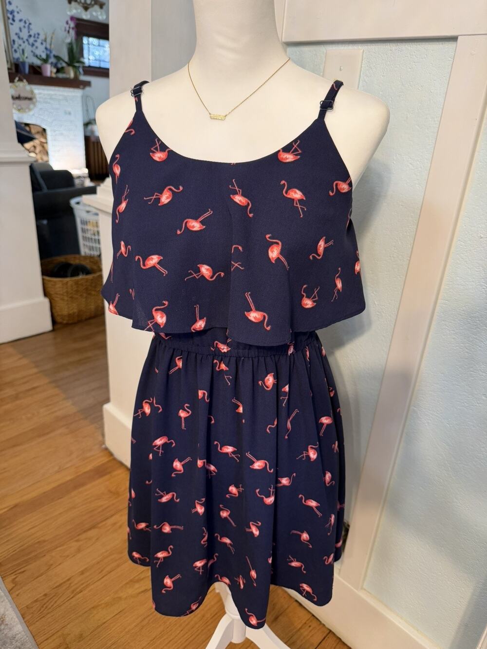 ELLE Flamingo Tiered Dress size small Navy with Pink Birds adjustable straps